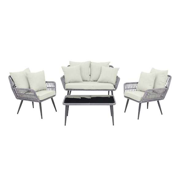 Manhattan Comfort Portofino Rope Wicker 4-Piece Patio Conversation Set with Cushions in Cream OD-CV019-CR - main